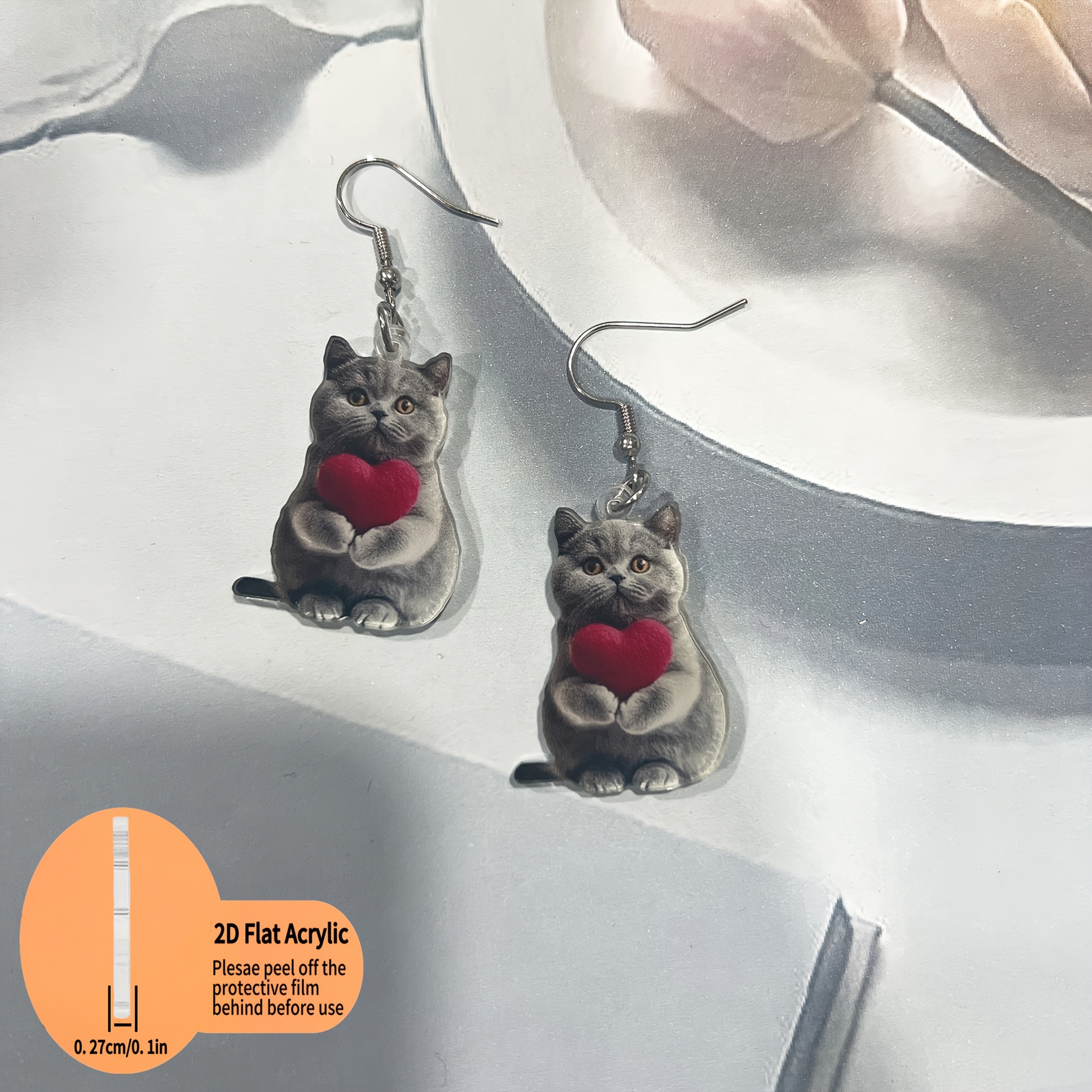 2D Acrylic Gray Cat Holding Heart Earrings Pendant Set